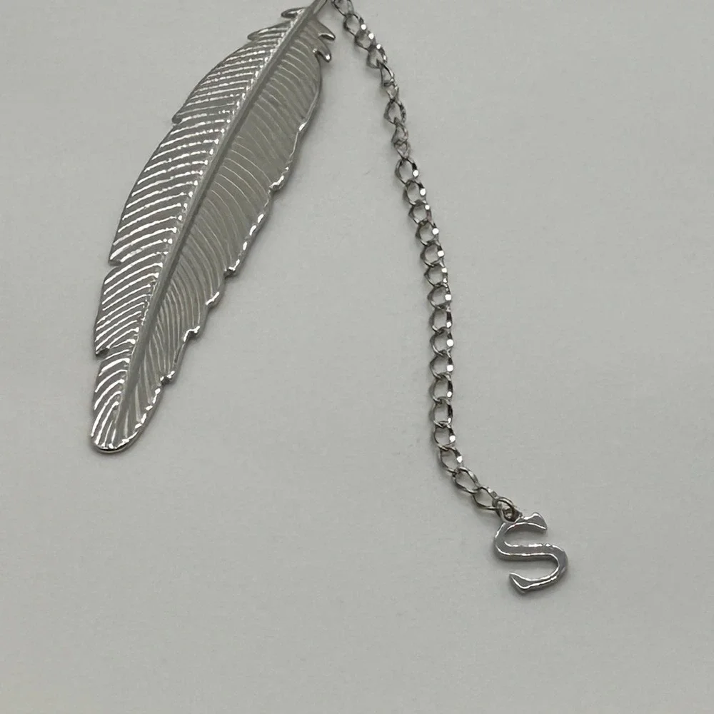 Silver Feather Bookmark with Initial S Letter Charm and Gift Box Accessory